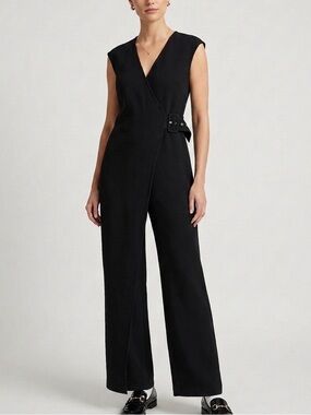 Sfera Madrid Black Wrap Front Jumpsuit Buckle Waist Small-Medium